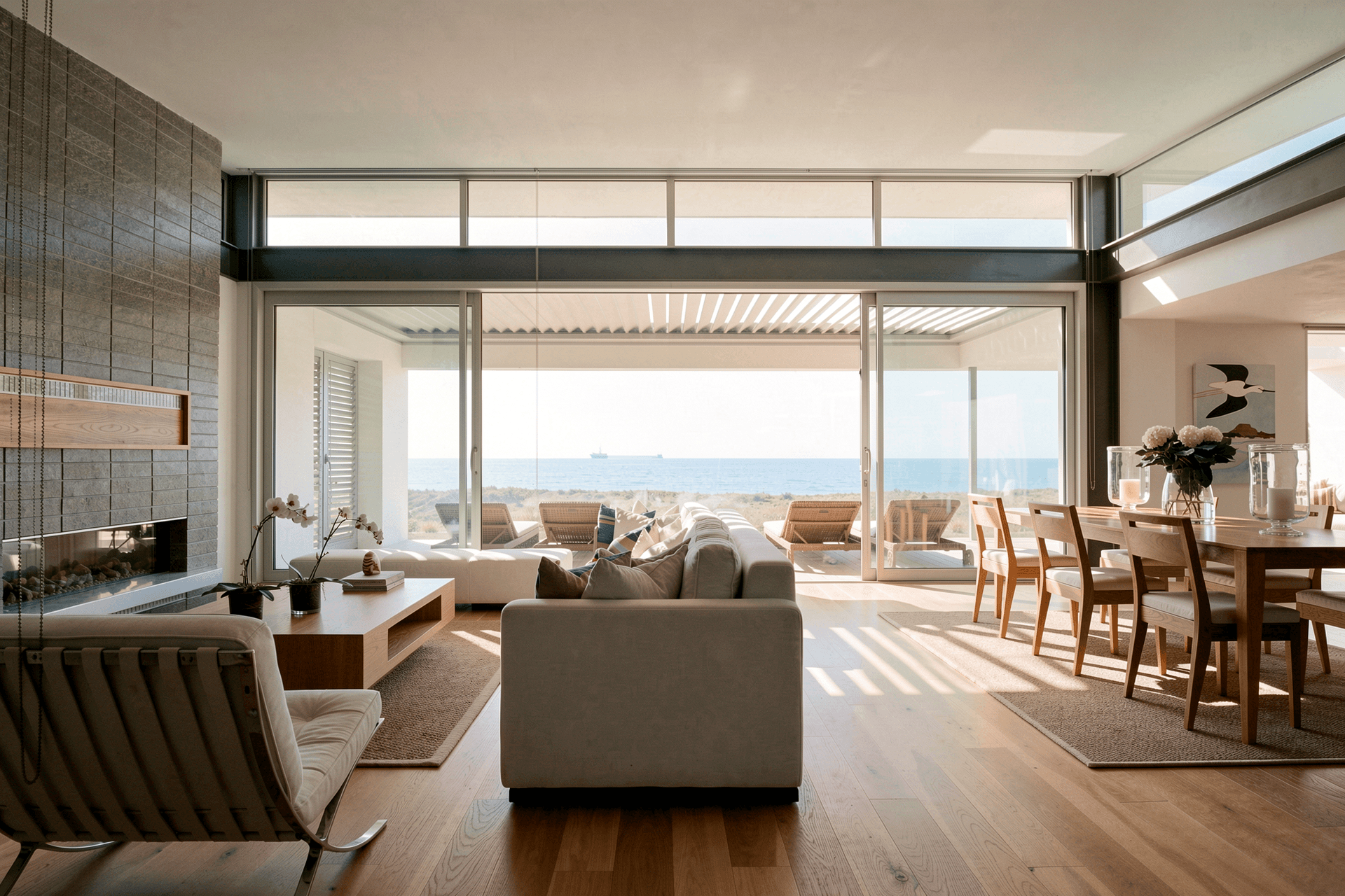 The living room is defined by a generous stud height, timber flooring and a substantial built-in fireplace. Anodised aluminium sliding doors and clerestory windows bring natural light deep into the space while framing views across the deck towards the ocean.