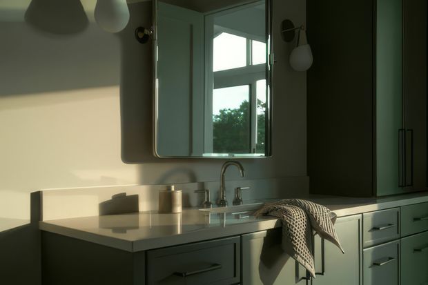 A moody, refined kitchen vanity and sink area with pale grey-green built-in cabinetry, a light solid-surface benchtop, undermount sink, and brushed metal tapware. A large rounded-corner mirror reflects a window and greenery outside, while sculptural wall lights and strong late-afternoon sunlight create a calm atmosphere. A patterned dish towel hangs over the cabinetry.