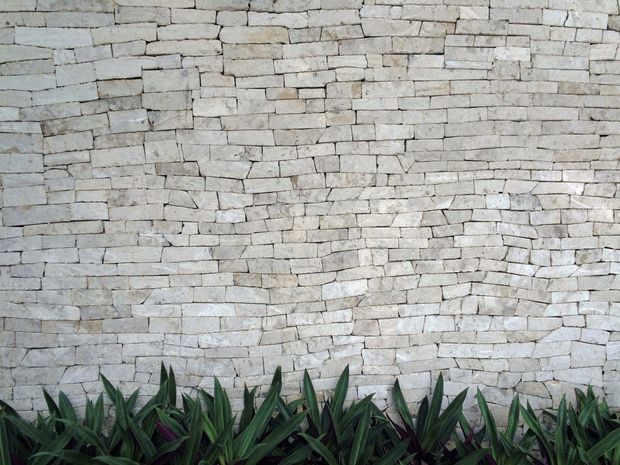 Close-up of a rough stacked-stone wall composed of irregular pale grey masonry, with a dense row of dark green spiky plants along the base. The image is a simple exterior material and landscape detail with a natural, textured appearance.