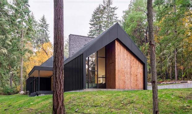 Exterior view of a compact contemporary house set among mature trees. The building features a steep gabled roof, dark vertical metal cladding, a warm timber-clad gable facade, expansive glazing, and a low flat-roofed wing extending to the side. The house sits on a gently sloping grassy, forested site.