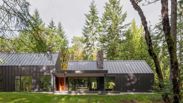 Exterior view of a low, modern residential building set among mature trees. The dark vertical cladding, standing-seam metal pitched roofs, expansive glazing, projecting central entry canopy, and masonry chimney create a simple contemporary woodland retreat.