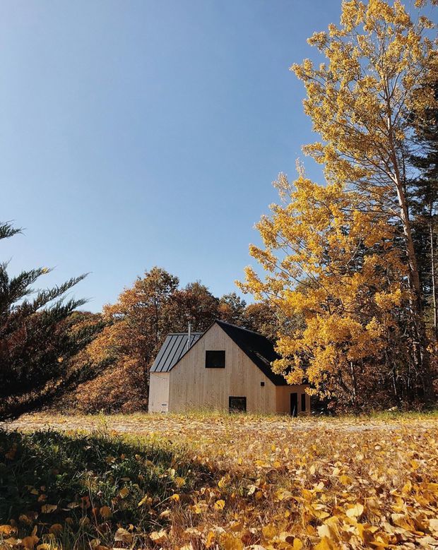 A small, simple timber-clad barn-like building sits in a wooded clearing surrounded by tall deciduous trees with golden autumn foliage. The structure has a steep dark gable roof, a smaller sloping roof section on the left, sparse dark window and door openings, and a gravel or leaf-covered foreground beneath a clear blue sky.