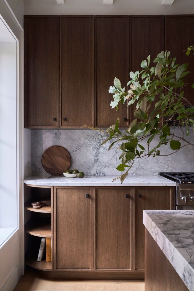 A compact, refined kitchen with tall dark timber shaker-style cabinetry, a pale veined marble backsplash and benchtop, open curved shelving, and a partial marble-topped island. A stainless steel cooktop is visible at right, while a large leafy branch adds an organic decorative element. The space has a warm, moody, high-end character with a simple white ceiling and light timber flooring.
