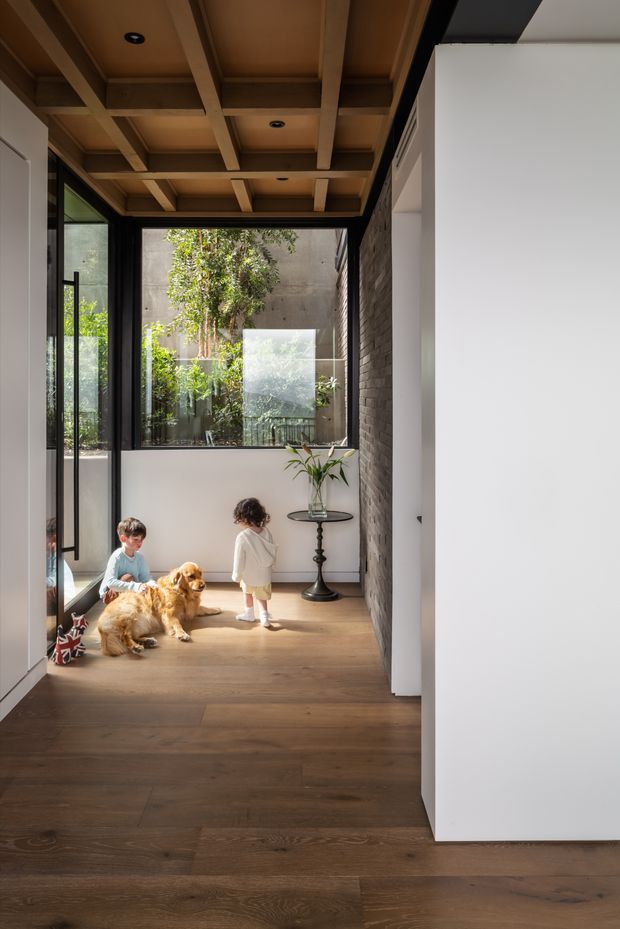A warm, modern interior passage or entry area with wide dark timber flooring, exposed timber ceiling beams and recessed downlights, black-framed floor-to-ceiling glazing, and a textured dark brick feature wall. The space opens toward a planted courtyard visible through the glazing. A small round console table with a vase and plant sits against the wall, while children and a dog occupy the sunlit end of the passage.