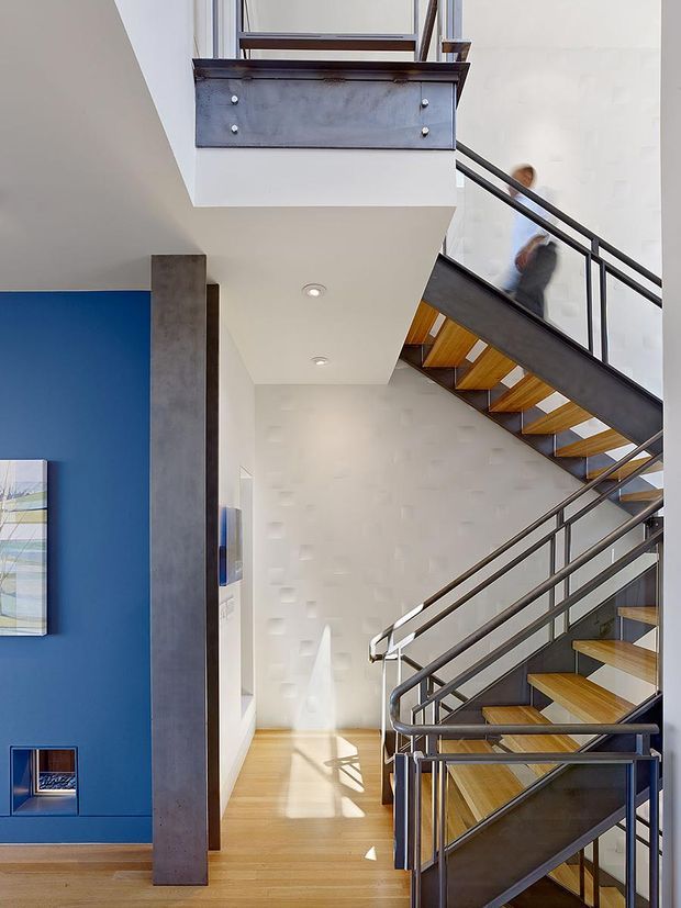 A bright, multi-level interior stairway with open-riser timber stairs, dark metal stringers and balustrades, and a dramatic stair void. A vivid blue feature wall and exposed concrete column contrast with white walls, while timber flooring and stair treads add warmth. The image also shows a mezzanine or upper landing with dark built-in joinery and a blurred person ascending the stairs.