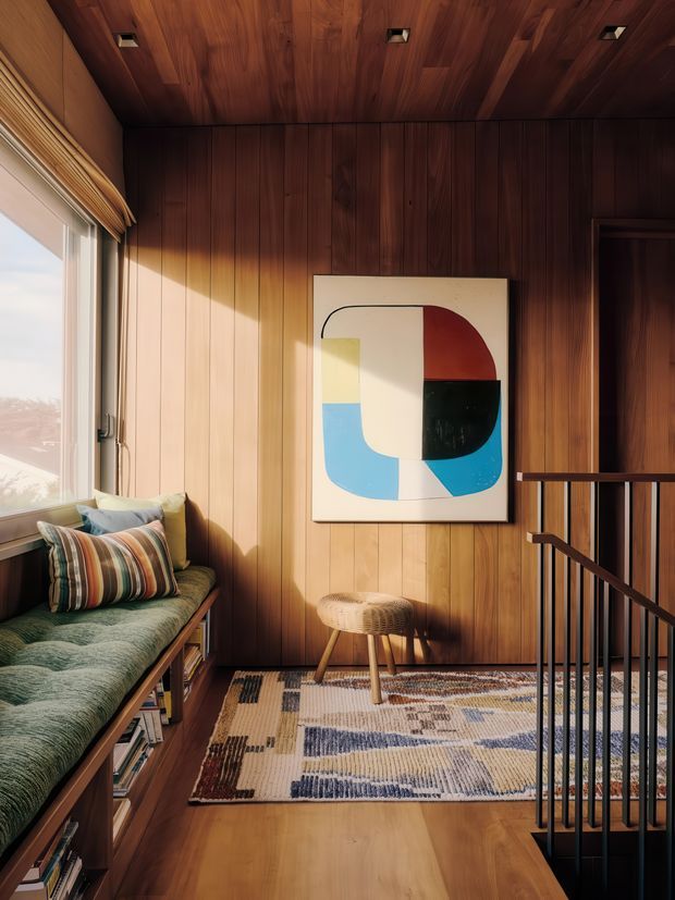 A warm, compact landing or sitting nook clad in rich vertical timber panelling and matching timber ceiling. A built-in window seat with green upholstery and striped cushions runs along the left wall, with books stored beneath. A colourful geometric artwork hangs on the timber wall above a small woven stool, while a patterned rug covers part of the timber floor. A dark metal stair balustrade borders the right side, and sunlight enters through the large window with a timber Roman blind.