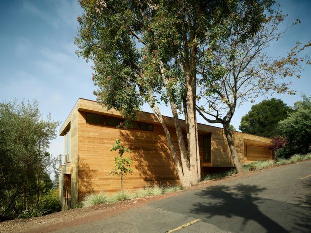 Exterior view of a low, contemporary timber-clad house on a sloping suburban site. The building has a simple rectilinear form with a shallow flat or low-pitched roof, narrow horizontal clerestory-style windows, and recessed glazing. Mature trees and drought-tolerant landscaping frame the structure, while a paved road runs in front.