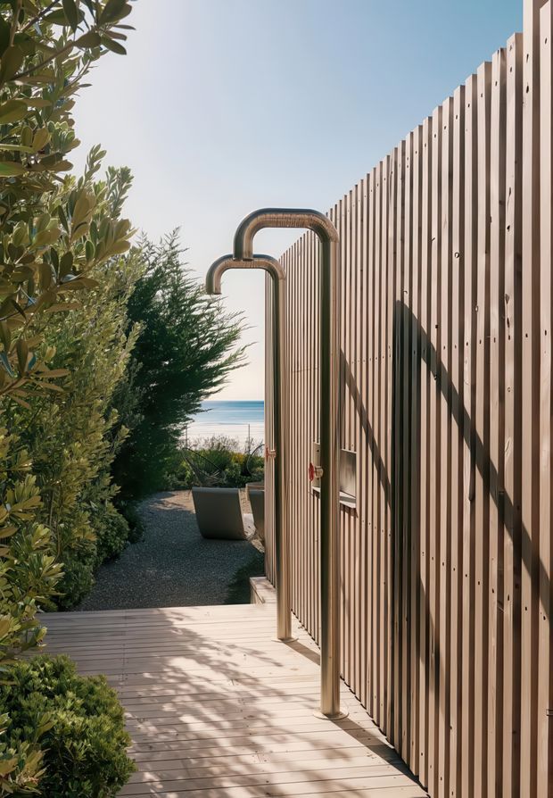 A landscaped outdoor shower passage beside a tall vertical timber privacy screen. The scene includes a pale timber deck, brushed metal shower fixtures, dense coastal planting, gravel landscaping, and a glimpse of the ocean beyond. Strong sunlight creates long shadows across the deck and wall.