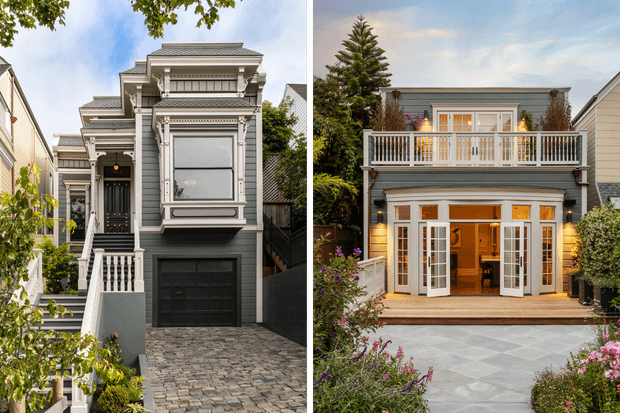 Side-by-side exterior views of a refined, narrow two-storey residential building. The left elevation features a grey horizontal-clad facade, ornate white classical trims, a projecting bay window, front stair, and dark garage door over a cobbled driveway. The right view shows a matching rear or garden elevation with white French doors opening to a timber deck, an upper balcony with white balustrade, grey cladding, and landscaped paving and planting. The architecture blends traditional detailing with a clean contemporary residential form.