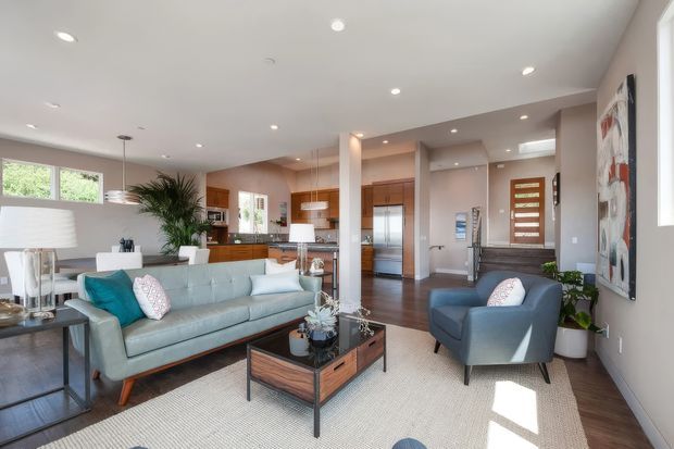 Bright open-plan contemporary living room with a pale blue sofa and matching armchair arranged around a black metal and timber coffee table on a large light rug. The room opens directly to a modern kitchen and entry area, with timber cabinetry, stainless-steel appliances, recessed ceiling lights, indoor plants, and large windows providing abundant natural light. A large abstract artwork adds a vertical accent on the right wall.