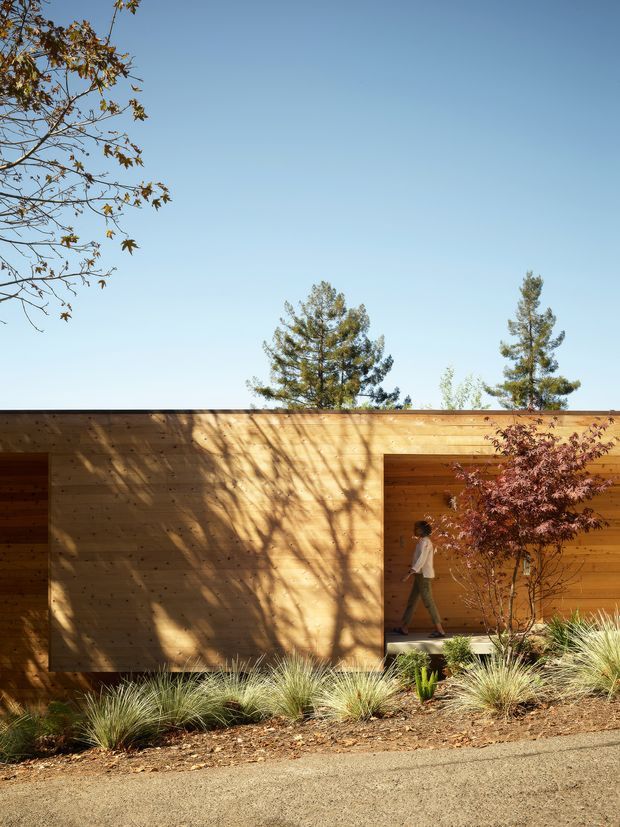 A low, rectilinear timber-clad building set into a landscaped site. The warm horizontal wood facade has deep recessed openings, including a covered passage with a person walking through it. Ornamental grasses, shrubs, and trees soften the building edge, while strong sunlight casts tree shadows across the facade. The image is photographed from outside against a clear blue sky.