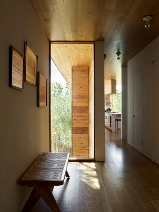A warm, narrow residential hallway with a dark timber floor and matching timber ceiling. A full-height glazed opening and timber pivot door bring in strong natural light and views of trees. Framed artwork hangs on the left wall above a simple timber bench, while a kitchen is visible at the end of the corridor. White built-in doors line the right side.