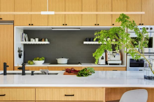 Bright contemporary kitchen with extensive light timber cabinetry, a large white island benchtop, dark grey tiled splashback, integrated appliances, open shelving, and a sculptural indoor tree. A linear pendant light spans the island, creating a clean, warm, nature-inspired scheme.