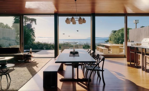 A contemporary open-plan living and dining space with full-height glazing overlooking a landscaped terrace and distant coastal or waterfront scenery. The room features a long dark dining table with black chairs and bench seating, a lounge area with low-profile furniture, warm timber flooring, a timber-lined ceiling, dark-framed glazing, and a compact outdoor kitchen or bar visible beyond the windows.
