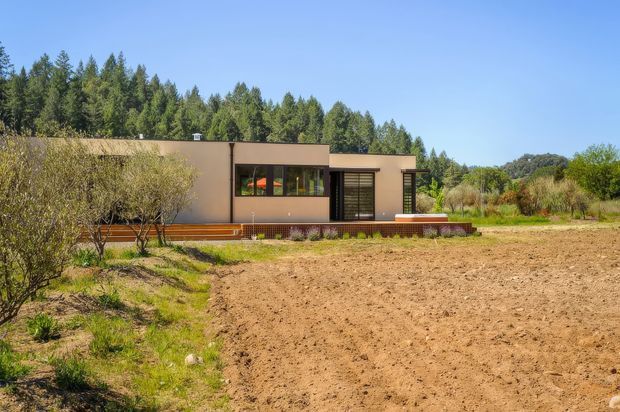 Single-storey modern rectangular dwelling set within a rural, lightly landscaped site. The building has a flat roof, smooth earthy tan exterior walls, extensive dark-framed glazing, and a long timber deck along the front. Forested vegetation forms the backdrop, with an open tilled field in the foreground.