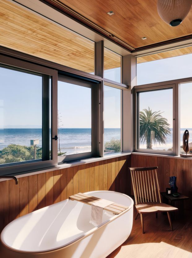 A bright coastal bathroom with a freestanding white bathtub positioned beside expansive ocean-facing windows. The room features warm timber wall panelling and a timber-lined ceiling, dark-framed glazing, recessed ceiling lights, and a mid-century-style wooden chair. A beach and palm tree are visible outside.