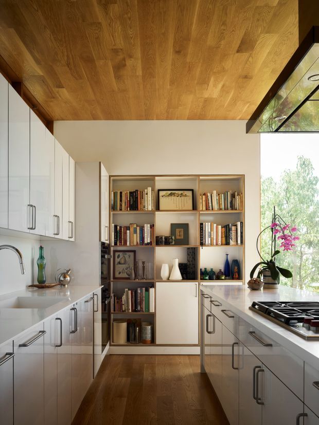 A bright, compact galley kitchen with white flat-panel cabinetry, long pale stone countertops, stainless-steel hardware, and a gas cooktop. Warm timber flooring continues across the ceiling, creating a strong wood-lined architectural feature. A full-height built-in timber bookshelf with open shelving and a central white cupboard occupies the far wall. Large glazing at right brings in abundant natural light and overlooks greenery, with an orchid on the counter.