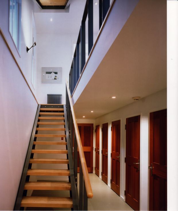 A narrow, modern interior stairway rises alongside a lower hallway lined with multiple dark timber doors. The staircase has open timber treads, dark metal side supports and balustrades, and a rounded timber handrail. White walls, recessed ceiling lights, tall glazing, and a high-level timber ceiling feature create a bright, vertically layered circulation space.