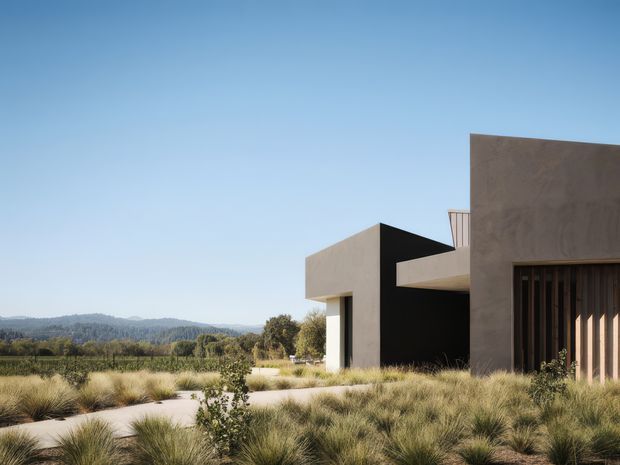 Exterior view of a minimalist contemporary flat-roofed house set within a landscaped meadow. The building has crisp geometric volumes, smooth dark taupe/grey rendered walls, deep recessed openings, and a tall vertical timber-slatted screen at the right. Ornamental grasses, low shrubs, a pale paved path, distant hills, and a clear blue sky surround the structure.