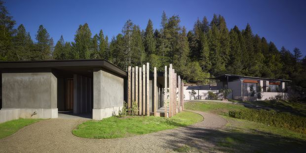A low, modern single-storey house set within a wooded landscape. The foreground building has a flat roof, raw-looking grey concrete or rendered walls, deep roof overhangs, dark recessed glazing, and a sculptural vertical timber screen forming the entry approach. A curved gravel driveway and lawn connect it to a second low building in the background, with dense tall trees surrounding the property.