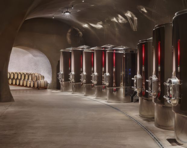 A dimly lit, cave-like industrial winery interior with a row of tall stainless-steel fermentation tanks featuring vertical red illuminated strips. Wooden wine barrels are stacked along the curved wall at the rear, while the space has a smooth concrete floor, dark sculpted walls, and recessed ceiling spotlights. The overall atmosphere is dramatic and highly refined.