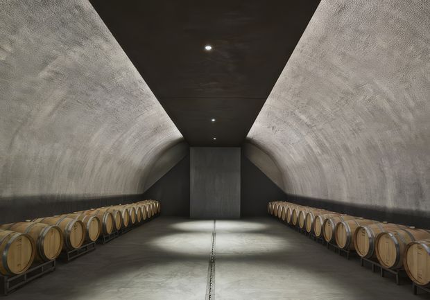 A symmetrical barrel storage room with rows of wooden wine barrels lining both sides beneath a dramatic curved, tunnel-like concrete ceiling. The space has dark charcoal surfaces, a polished concrete floor, recessed ceiling lights, and a central closed doorway, creating a moody, minimalist cellar atmosphere.