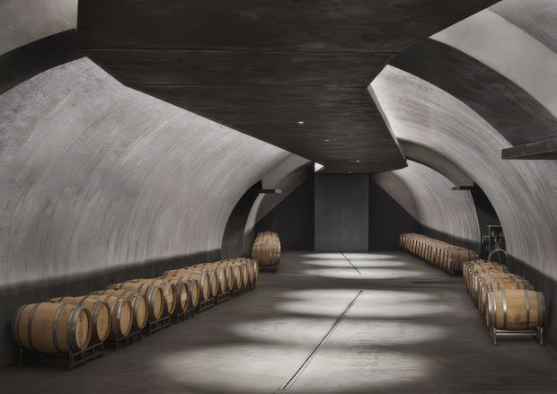 A dramatic subterranean wine cellar with curved, barrel-vaulted concrete walls and ceiling, a dark timber-clad suspended ceiling element, and rows of wooden wine barrels arranged along both sides of a broad central aisle. Recessed lighting creates strong bands of light and shadow across the polished concrete floor. The space has a highly sculptural, contemporary industrial character.