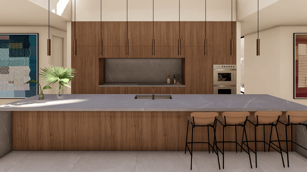A contemporary kitchen with a large central island clad in grey stone and warm timber cabinetry. The island includes an integrated sink and seating for four on slim black-framed stools. Full-height timber joinery surrounds a recessed cooktop or preparation niche, with built-in stainless-steel appliances to the right. Pendant lights, framed artwork, a potted plant, and light tiled flooring complete the refined open-plan space.