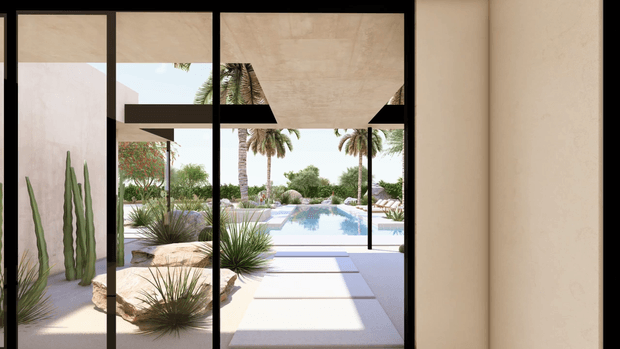 View from inside a contemporary building through expansive black-framed glazing toward a minimalist landscaped courtyard and swimming pool. Pale plaster or concrete surfaces, a broad overhanging ceiling, desert-style planting, palm trees, and strong geometric paving create a serene resort-like setting.