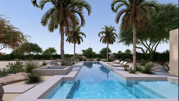 A luxurious outdoor resort-style pool area with a long rectangular swimming pool, stepped shallow sections, pale stone or concrete surrounds, sculptural desert planting, tall palm trees, lounge chairs, and privacy landscaping under a clear blue sky.