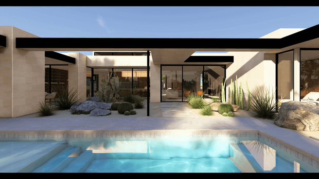 A contemporary single-storey courtyard-style residence viewed from the pool area. The composition features pale rendered masonry walls, extensive black-framed floor-to-ceiling glazing, flat roof planes with deep overhangs, a paved terrace, and a bright turquoise swimming pool in the foreground. Drought-tolerant sculptural planting and large rocks form a minimalist desert-inspired landscape around the house.