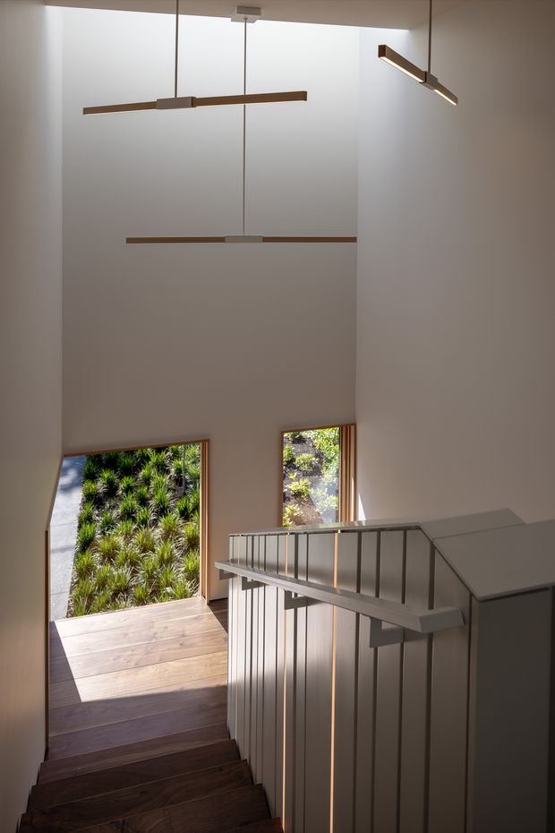 A tall, light-filled stairwell with dark timber stair treads, pale walls, and a simple metal balustrade. Two narrow vertical windows and a larger glazed opening bring views of lush planted landscaping into the space. Minimal linear pendant lights hang within the double-height volume, creating a clean contemporary interior.
