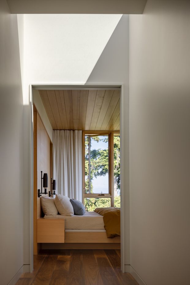 View through a hallway doorway into a compact, warmly lit bedroom. The bedroom has a built-in timber platform bed with drawers, neutral bedding and pillows, floor-to-ceiling curtains, a timber-lined ceiling, timber-framed window, and dark timber flooring. Natural light enters through the window, with trees visible outside. The foreground hallway has smooth pale walls and a strong geometric skylight or clerestory light effect.