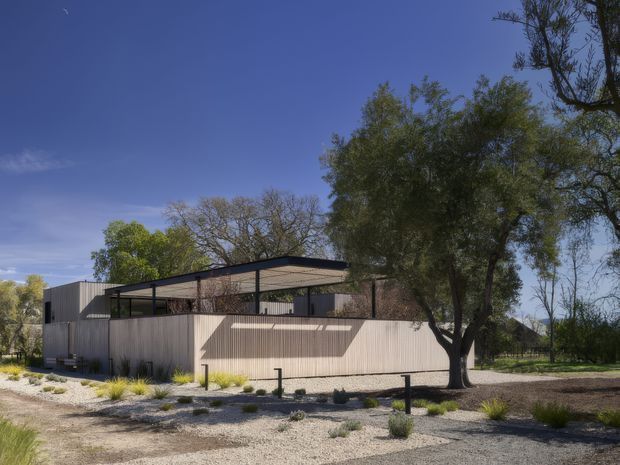 A low, modern pavilion-like building set within a landscaped, arid site. The structure has pale vertically ribbed exterior walls, dark metal framing, broad flat roof planes, and expansive glazed openings partially screened by vegetation. Gravel ground, sparse ornamental grasses, mature trees, and deep blue sky surround the building.