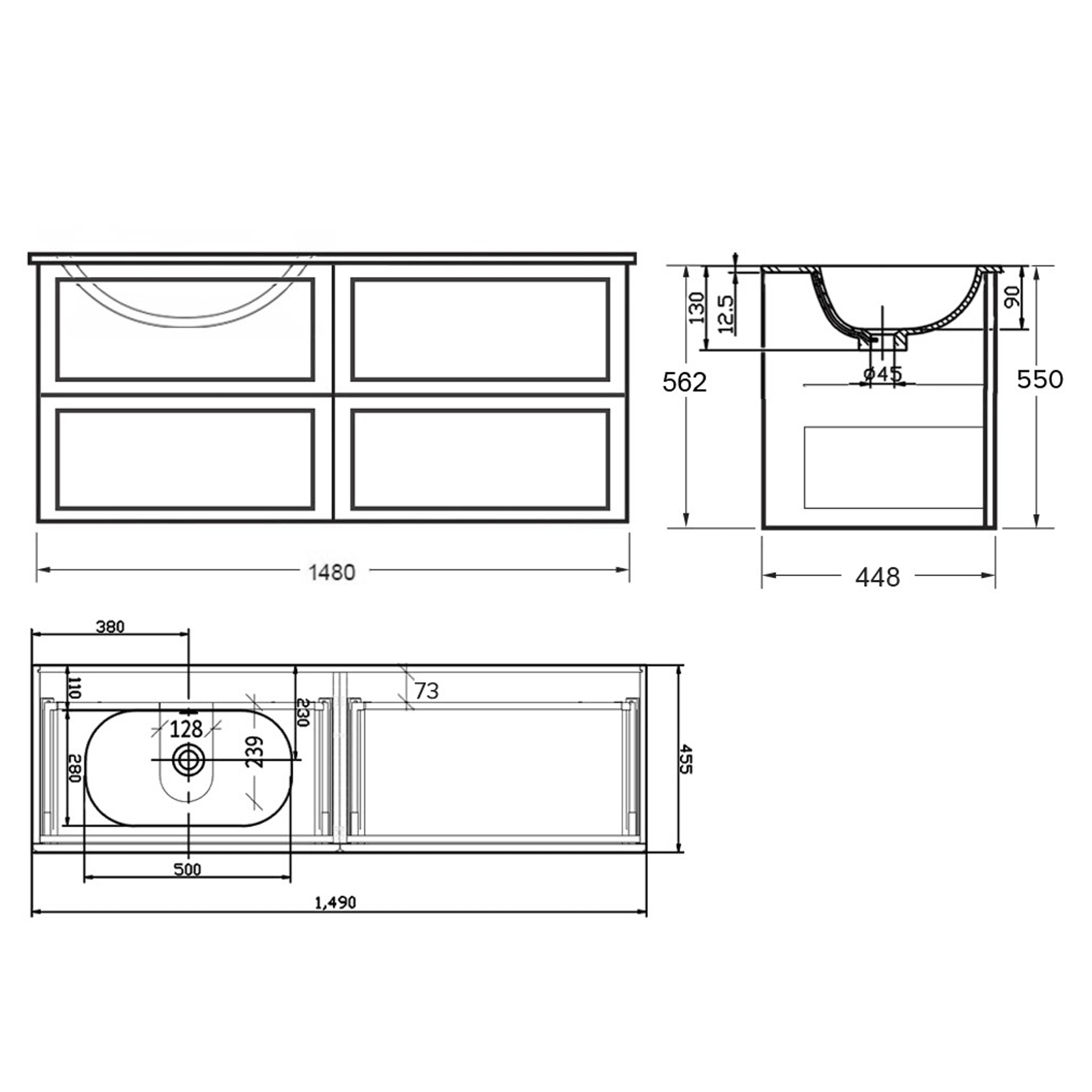 Telaio 1500 Single Left Bowl 4 Drawer Wall Vanity gallery detail image