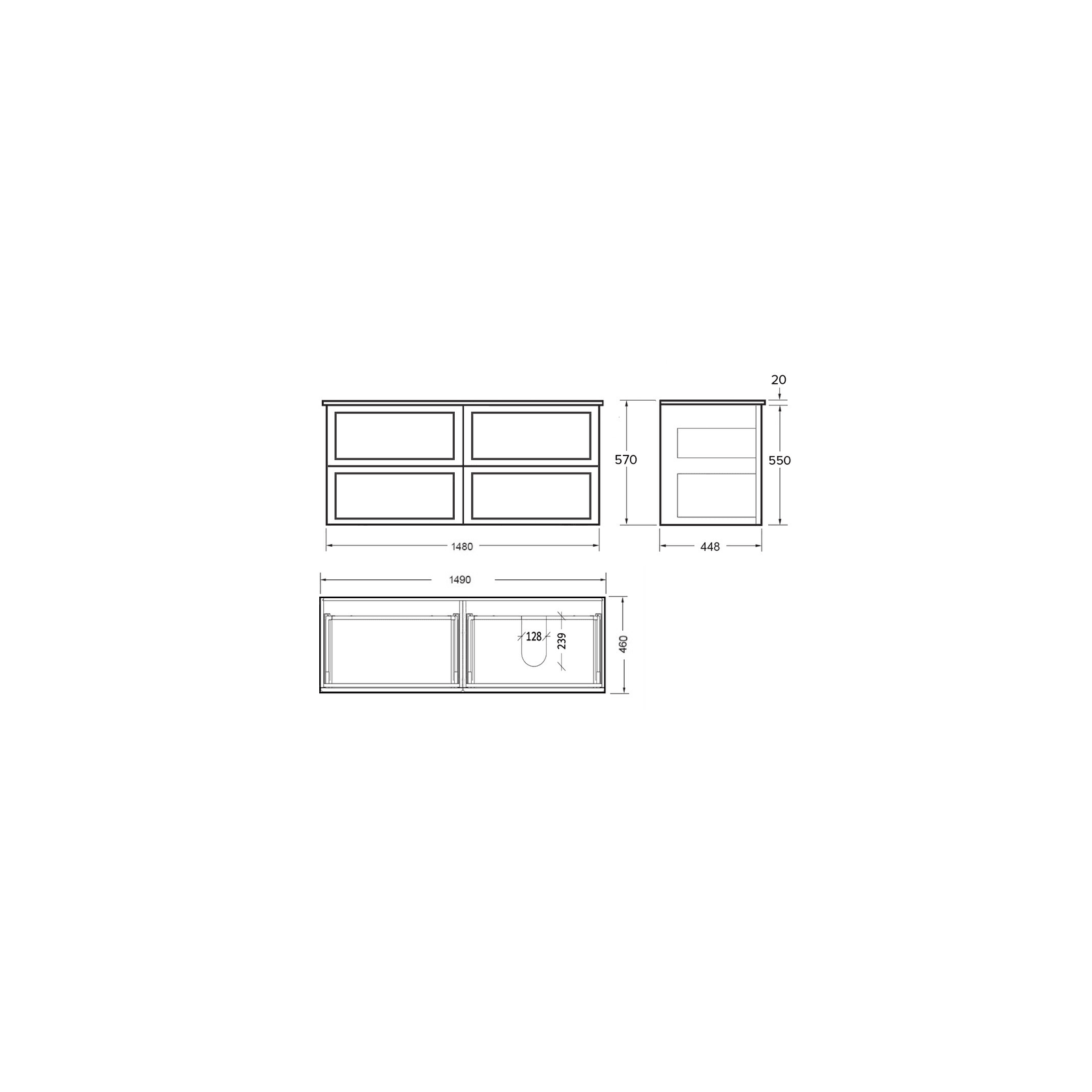 Telaio 1500 Single Right Bowl 4 Drawer Wall Vanity gallery detail image