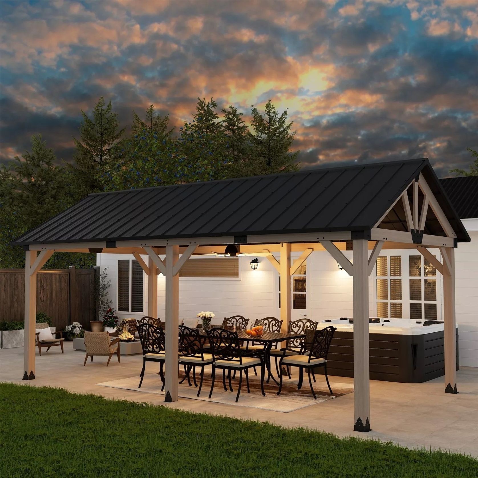 Cedar Wood Patio Gazebo with Black Hard Top Roof gallery detail image