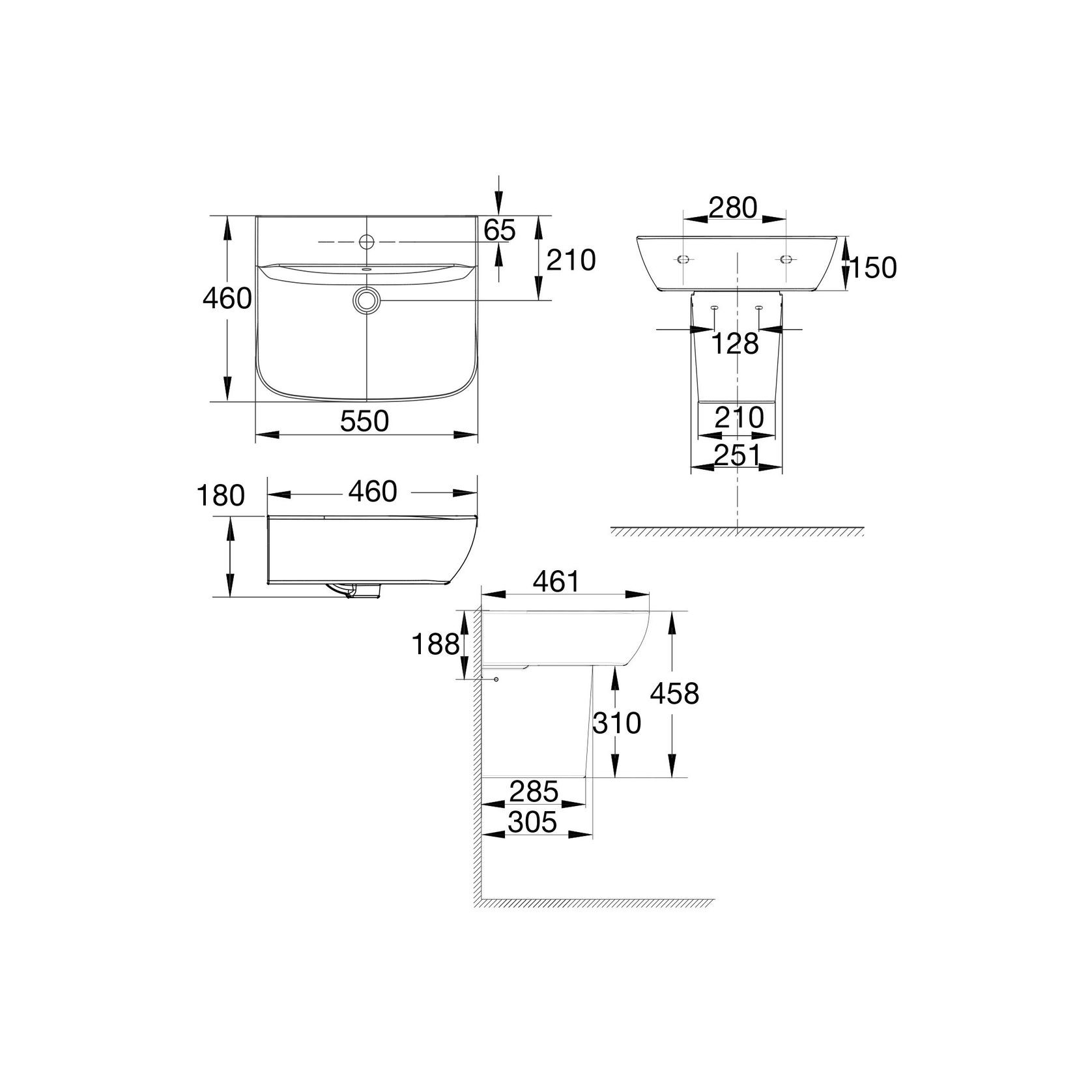 Cygnet 550 Wall Basin - 1 Taphole - Overflow - Inc Fixing Kit gallery detail image