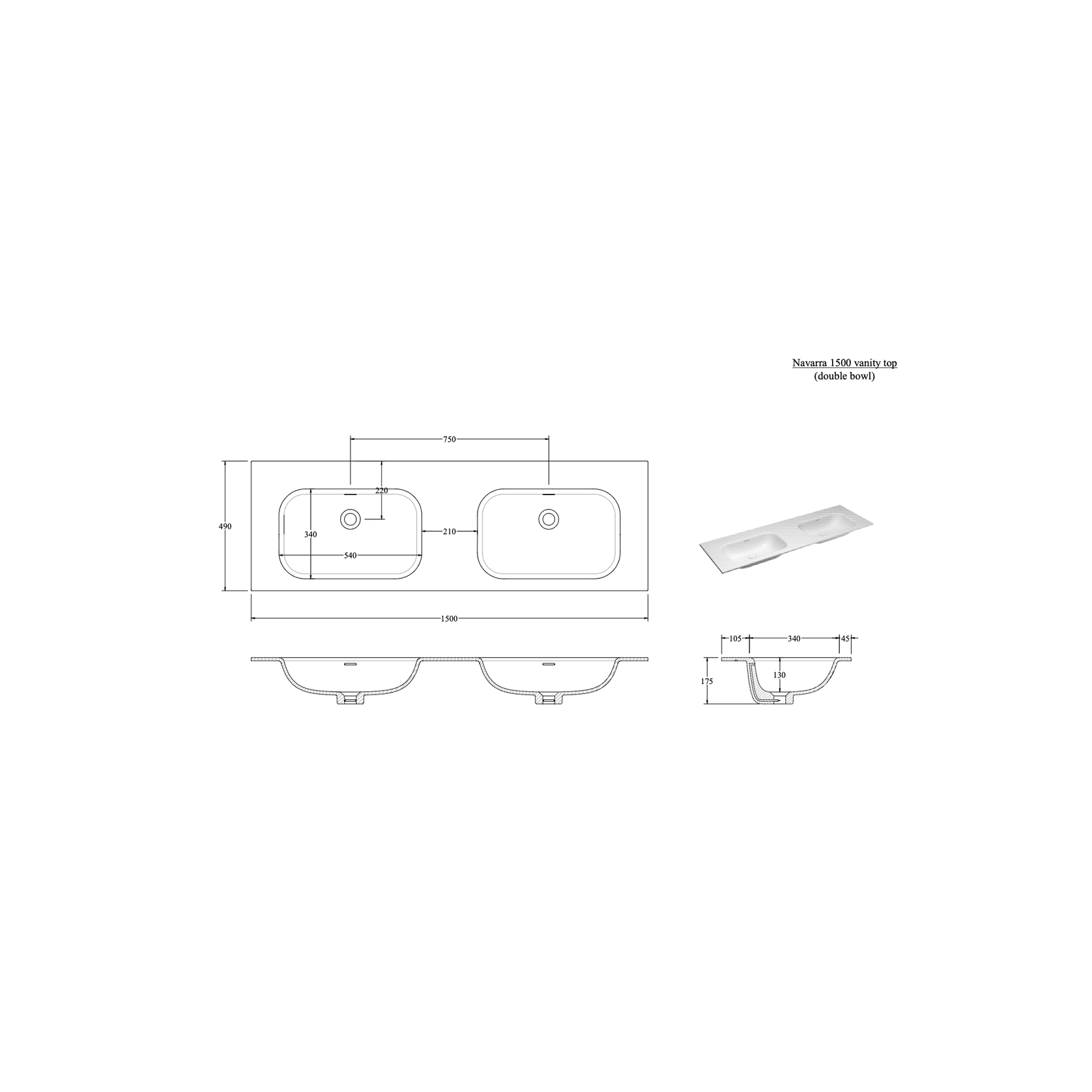 NAVARRA 1500 DOUBLE VANITY SINK TOP RANGE gallery detail image