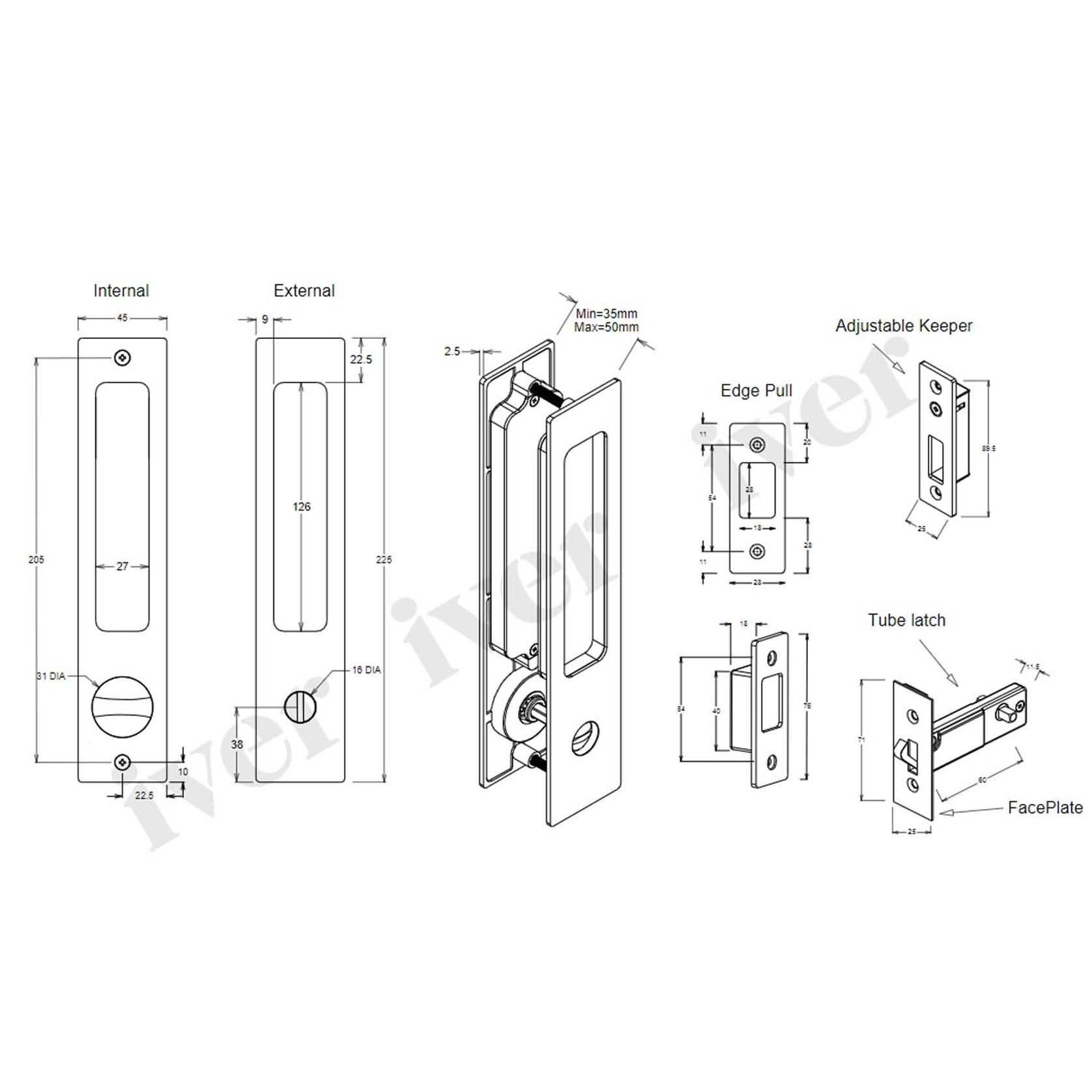 Iver Rectangular Flush Pull Privacy Set Signature Brass for Sliding Doors 21411P *Pair* gallery detail image