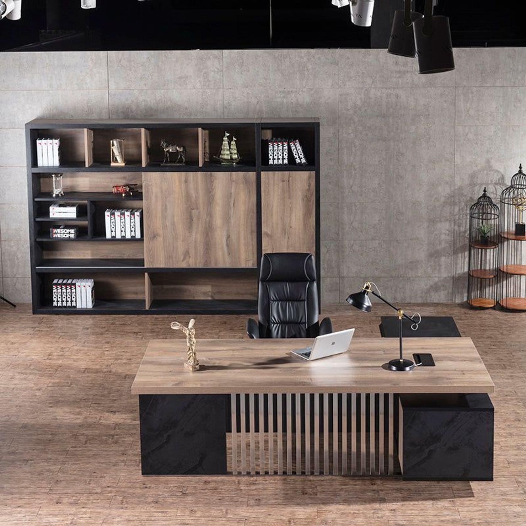 DAXTON Executive Desk with Right Return 2.4M - Warm Oak & Black gallery detail image