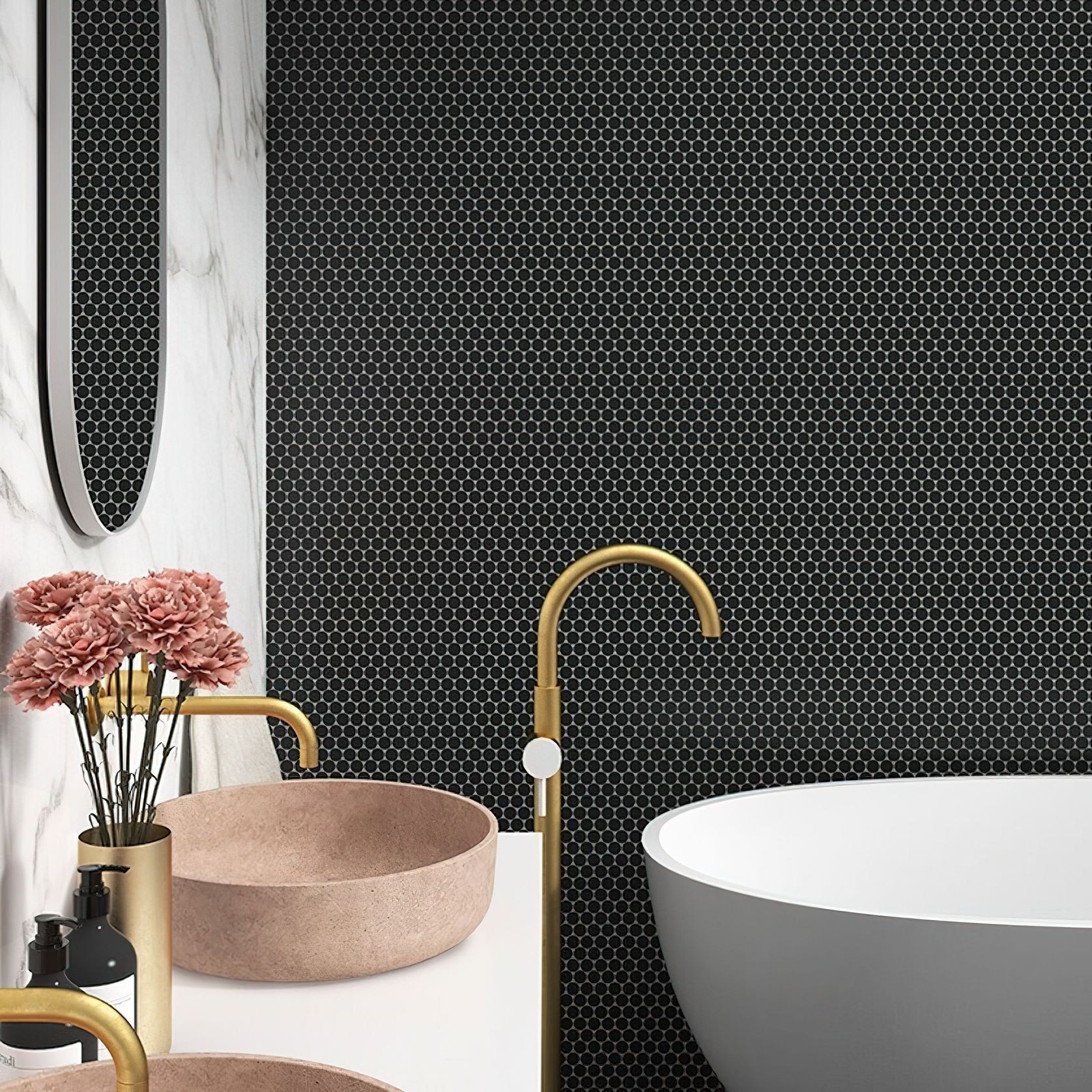 Circle Black Pennyround Mosaic Tile gallery detail image