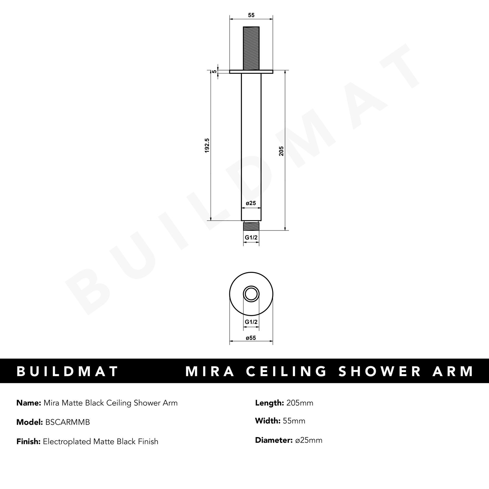 Mira Matte Black Ceiling Shower Arm gallery detail image