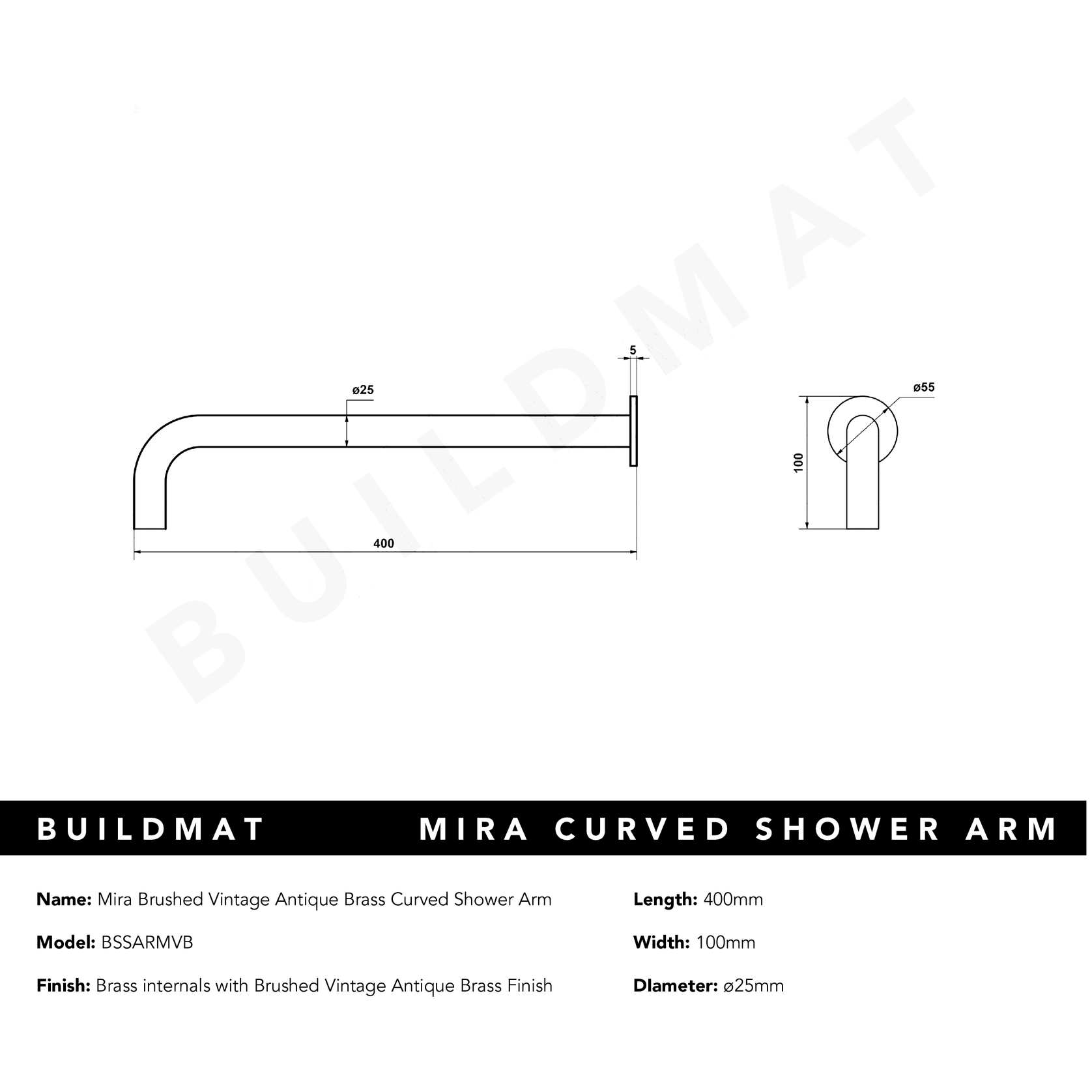 Mira Brushed Vintage Antique Brass Curved Shower Arm gallery detail image