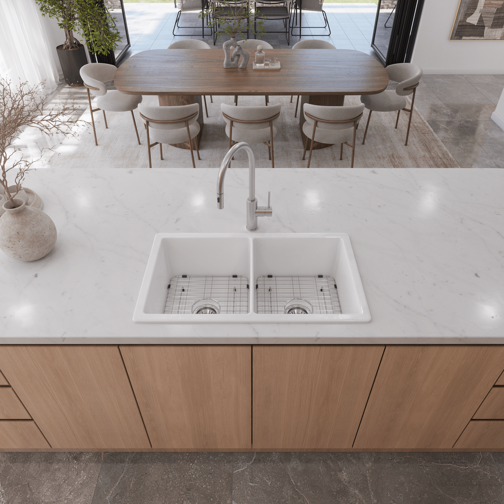 Fleur 813x483 Gloss White Fireclay Double Bowl Sink gallery detail image