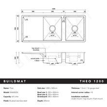 Theo 1200x500 Double Bowl with Drain Board Sink With Taphole Left Hand Drainboard gallery detail image