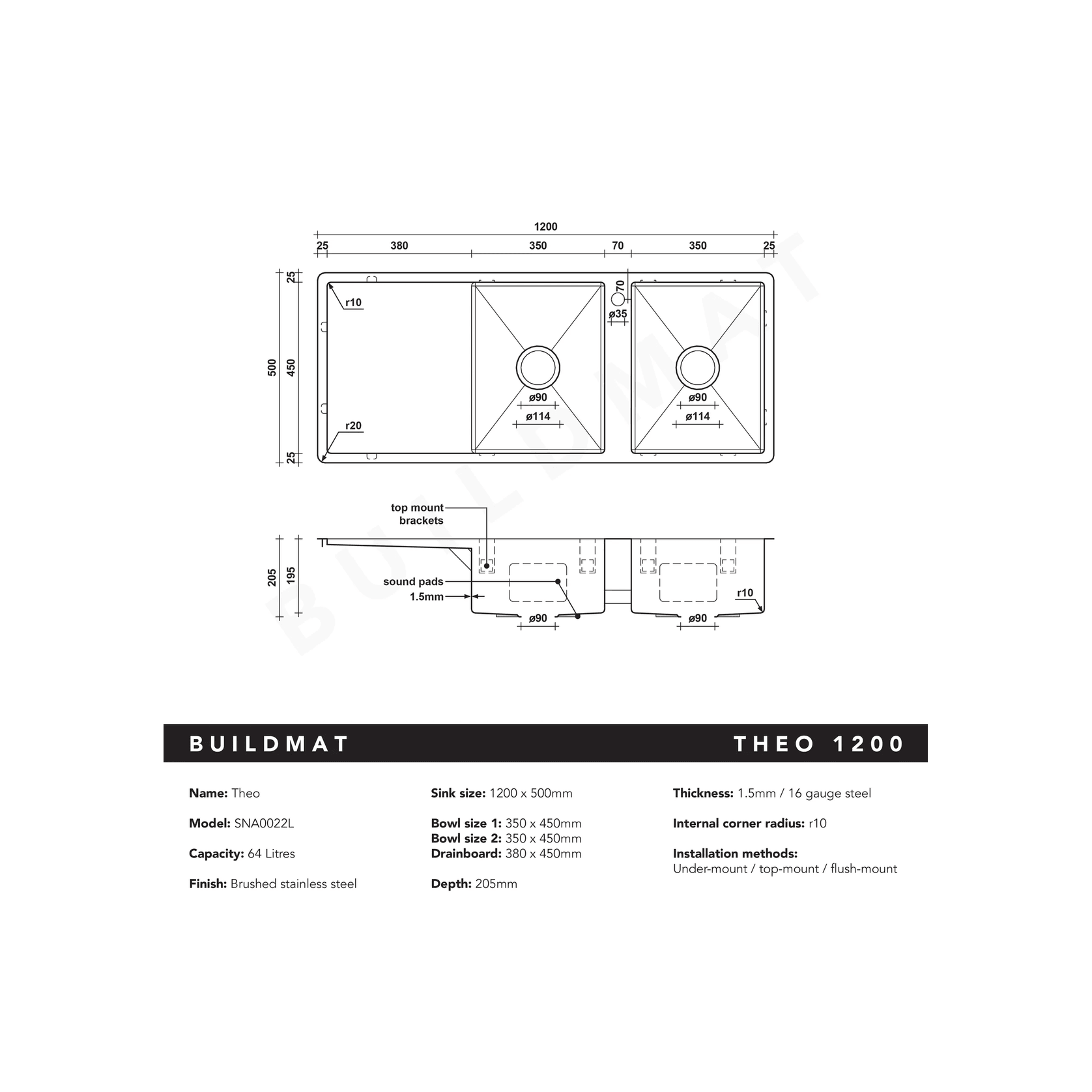Theo 1200x500 Double Bowl with Drain Board Sink With Taphole Left Hand Drainboard gallery detail image