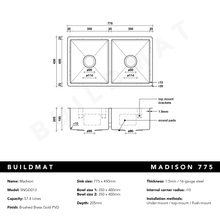 Brushed Brass Gold Madison 775x450 Double Bowl Sink gallery detail image
