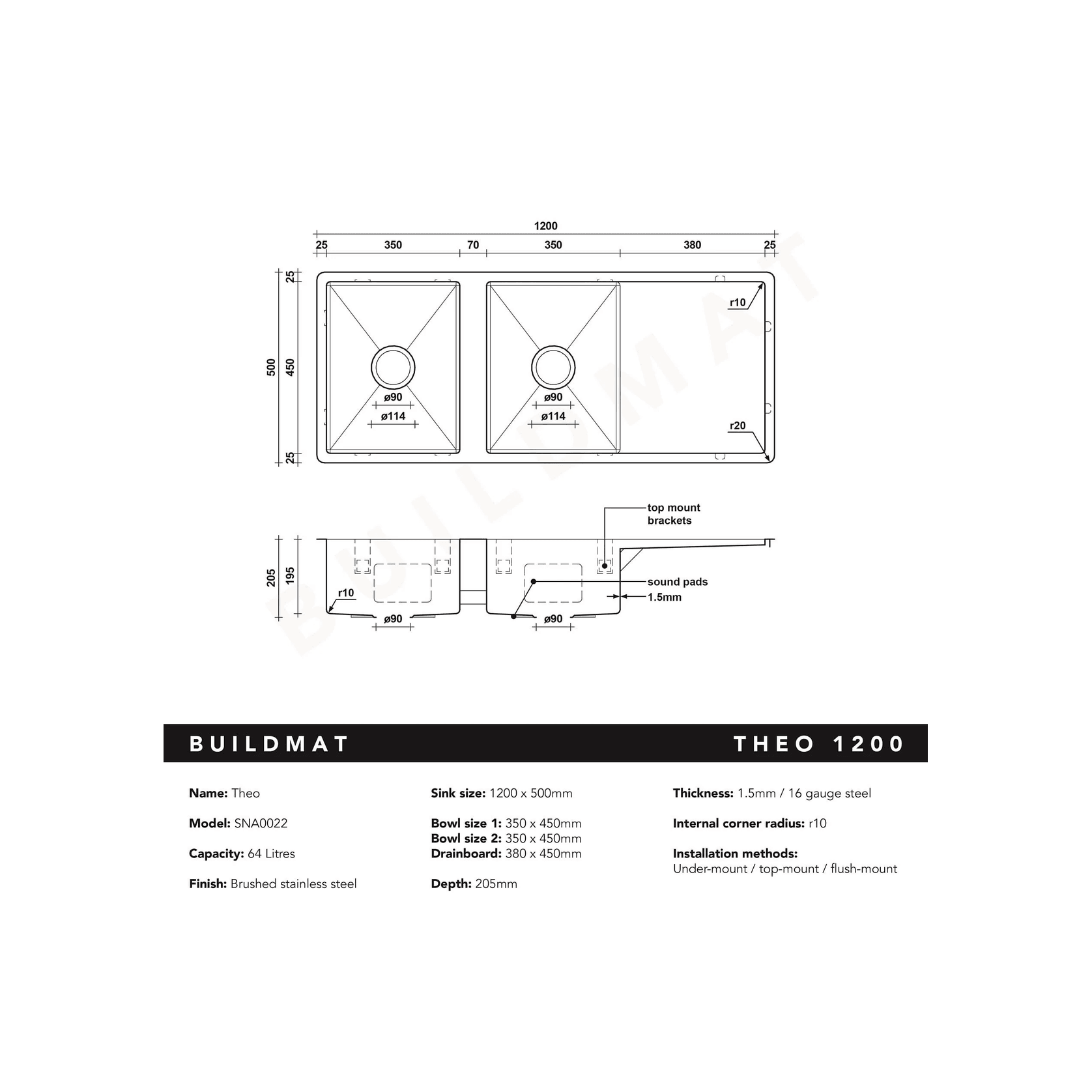 Theo 1200x500 Double Bowl with Drain Board Sink With Taphole Right Hand Drainboard gallery detail image