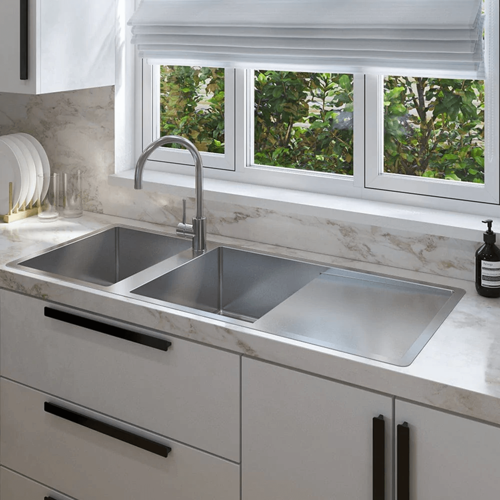 Theo 1200x500 Double Bowl with Drain Board Sink With Taphole Left Hand Drainboard gallery detail image